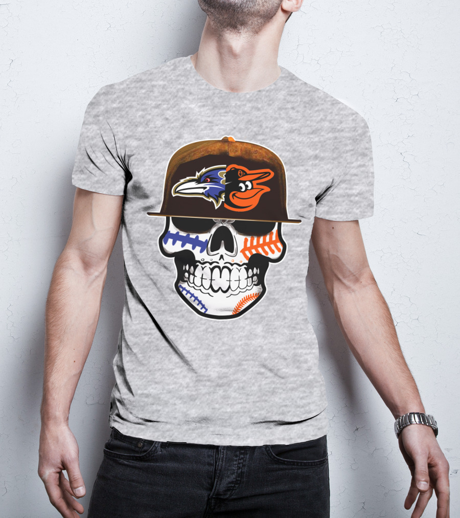 Baltimore Ravens Orioles Skull Baseball Crossover T-Shirt