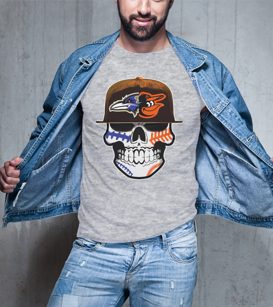 Baltimore Ravens Orioles Skull Baseball Crossover T-Shirt