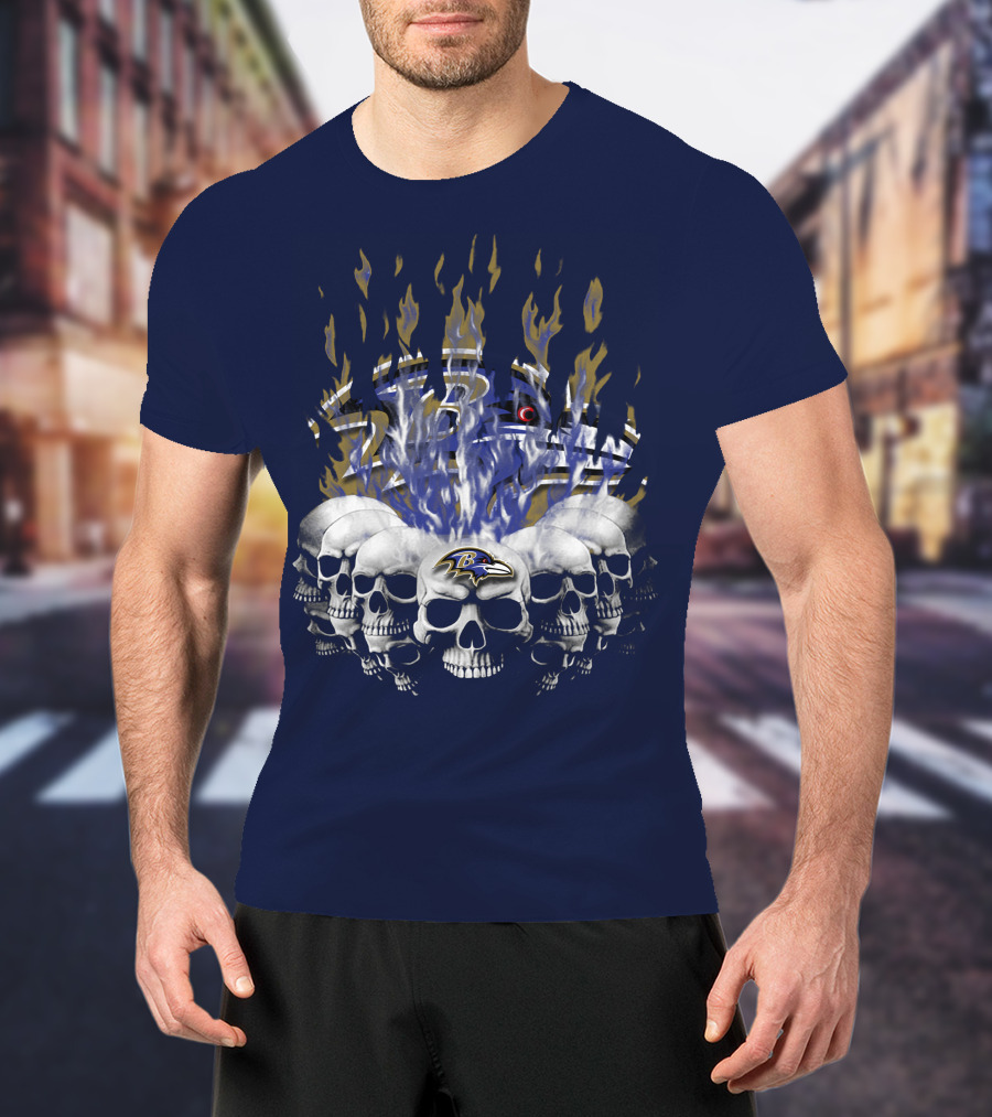 Baltimore Ravens Skull Flame Design With Team Logo T-Shirt