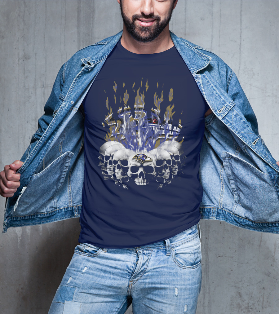 Baltimore Ravens Skull Flame Design With Team Logo T-Shirt
