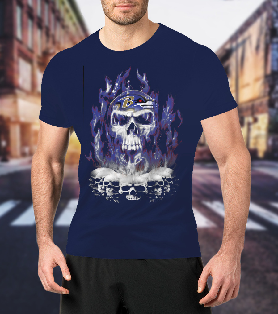 Baltimore Ravens 52 Skulls And Flames Football Helmet T-Shirt