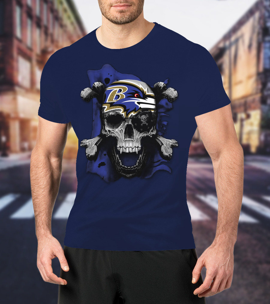 Baltimore Ravens Skull And Crossbones Logo Dark Theme T-Shirt