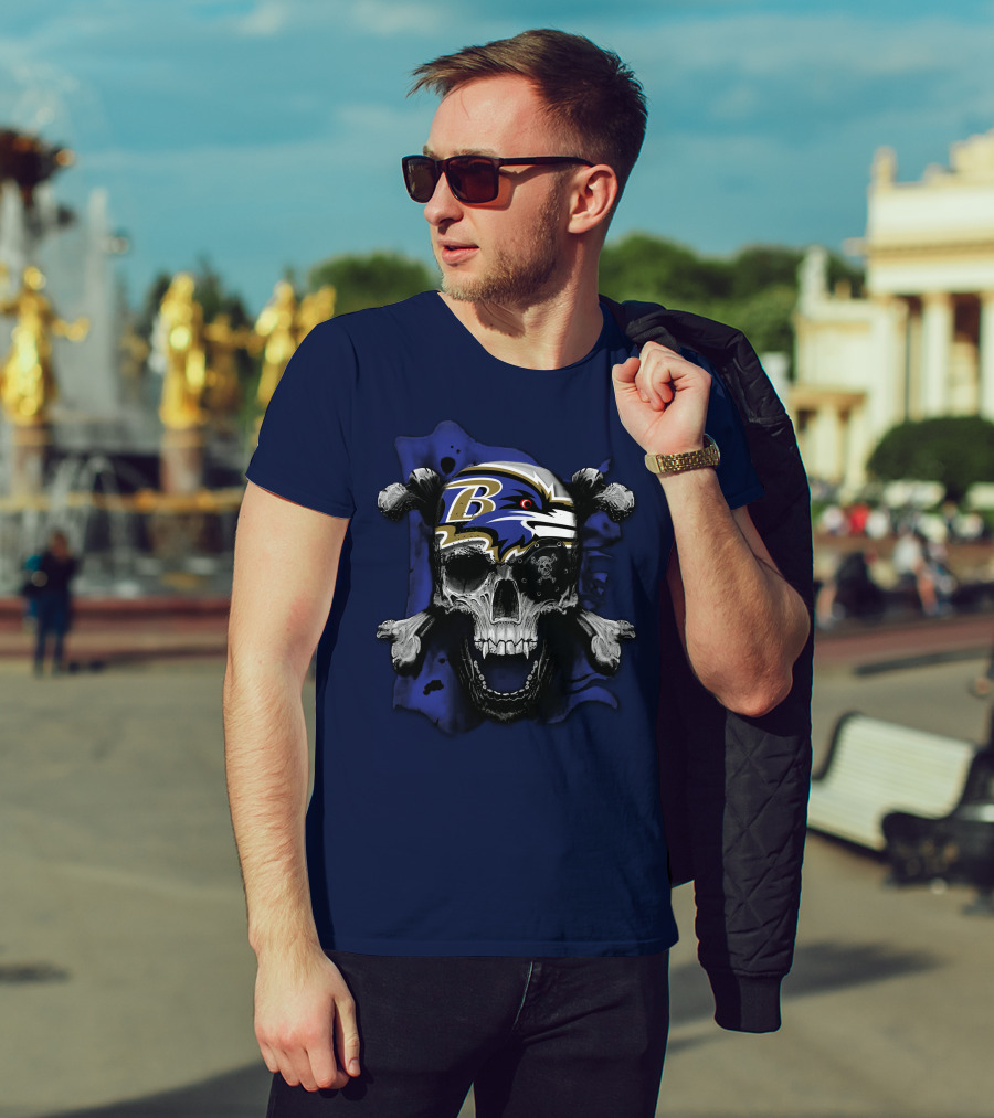 Baltimore Ravens Skull And Crossbones Logo Dark Theme T-Shirt