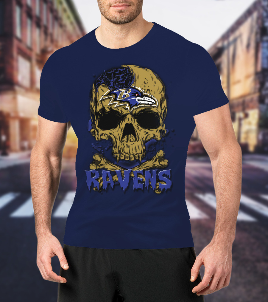 Baltimore Ravens Skull Artwork With Logo And Number T-Shirt