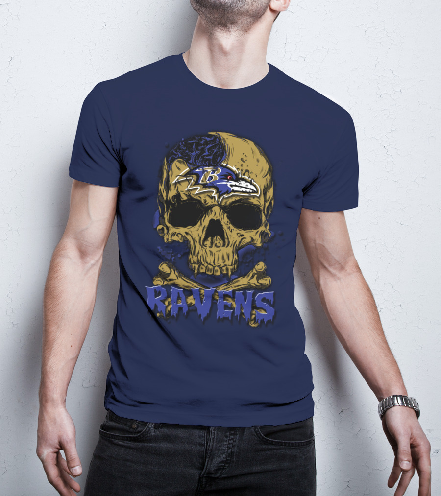 Baltimore Ravens Skull Artwork With Logo And Number T-Shirt
