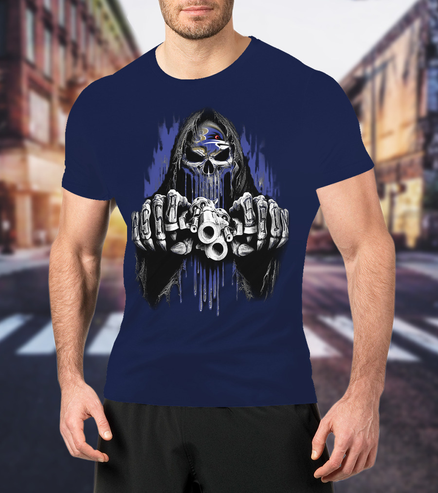 Baltimore Ravens Skull Reaper Gun Fists T-Shirt