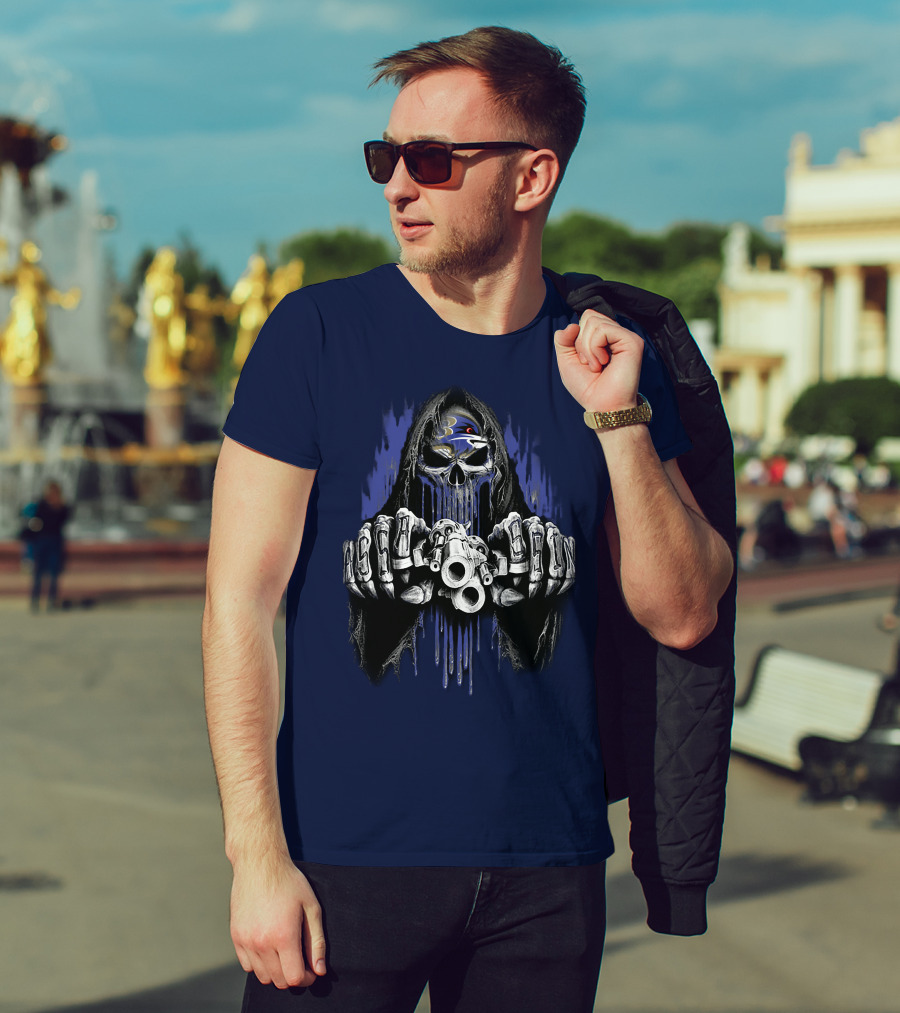 Baltimore Ravens Skull Reaper Gun Fists T-Shirt