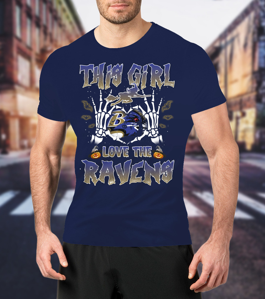 This Girl Loves The Baltimore Ravens 80 Halloween Skeleton Theme T-Shirt