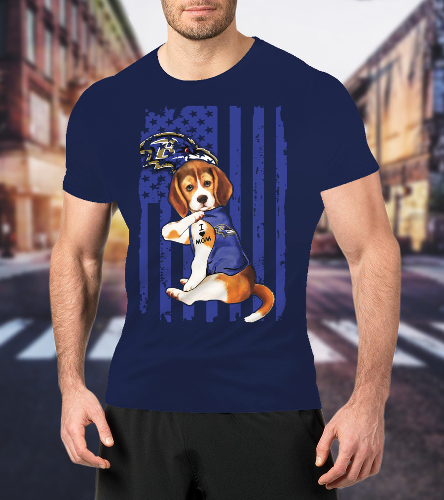 Beagle Puppy I Love Mom Baltimore Ravens Fan With Tattoo And Team Jersey T-Shirt