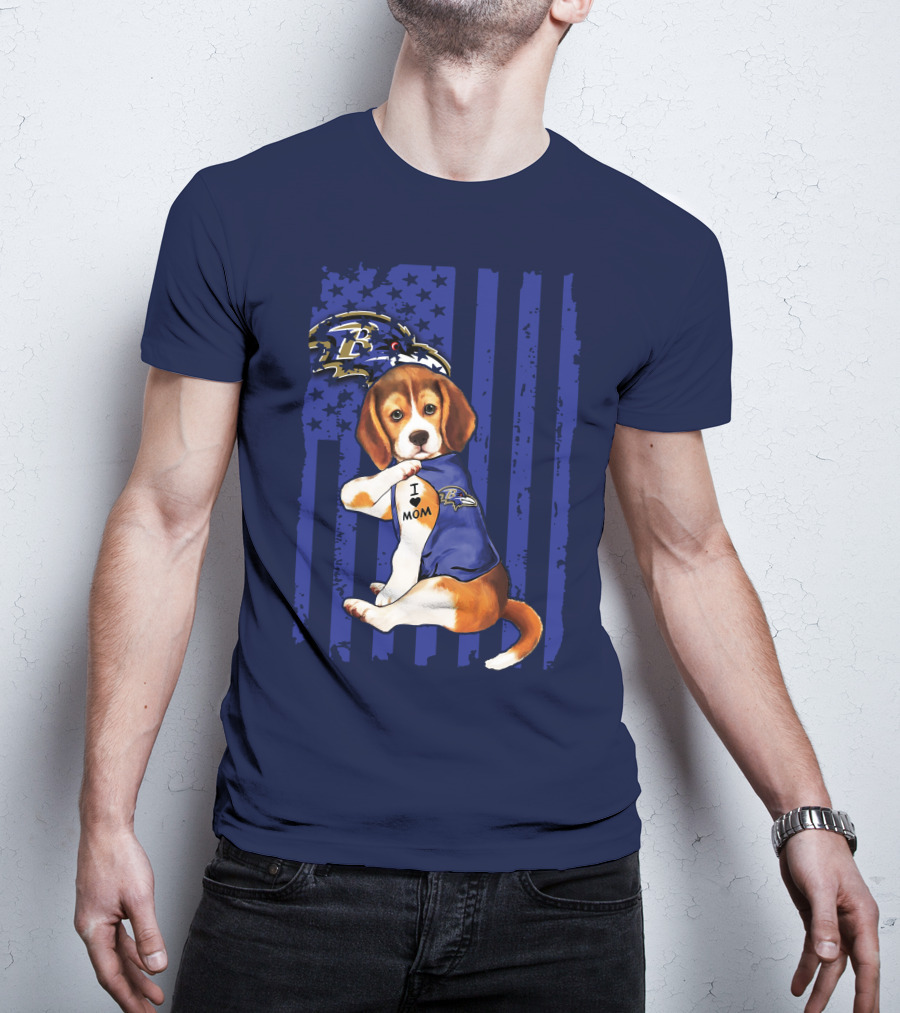 Beagle Puppy I Love Mom Baltimore Ravens Fan With Tattoo And Team Jersey T-Shirt