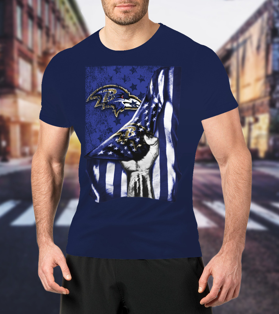 Fist Holding American Flag With Baltimore Ravens Logo And Stars T-Shirt