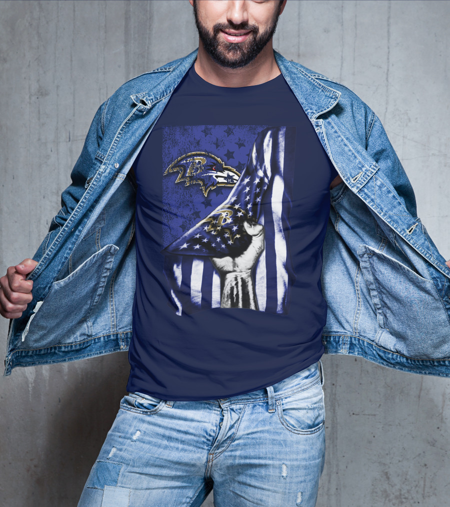 Fist Holding American Flag With Baltimore Ravens Logo And Stars T-Shirt