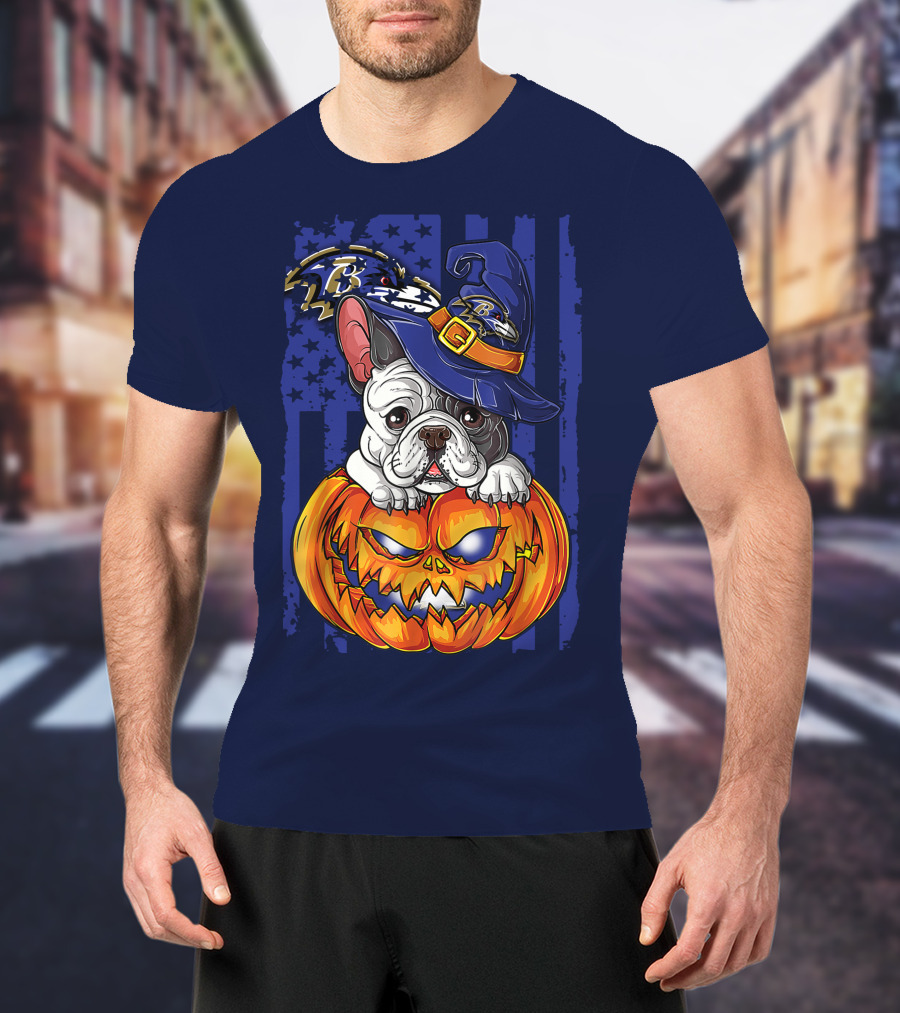 Bulldog In Wizard Hat On Jack-o'-Lantern With Baltimore Ravens T-Shirt