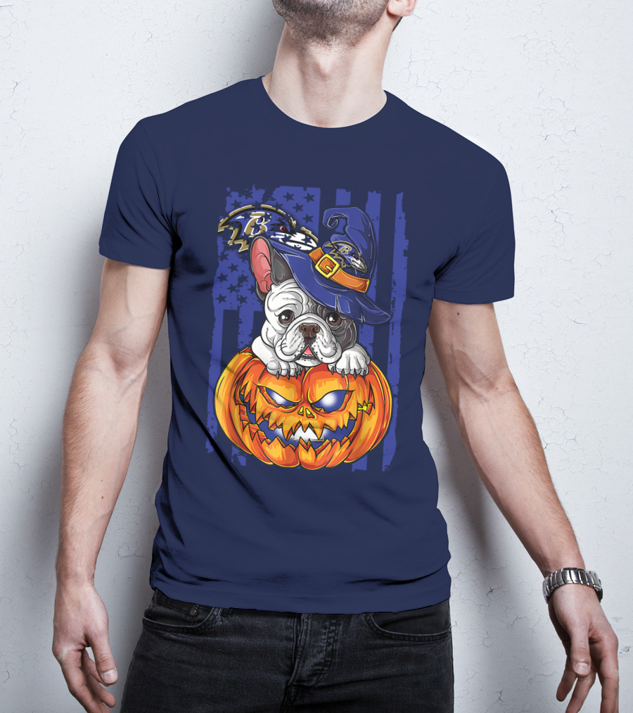 Bulldog In Wizard Hat On Jack-o'-Lantern With Baltimore Ravens T-Shirt