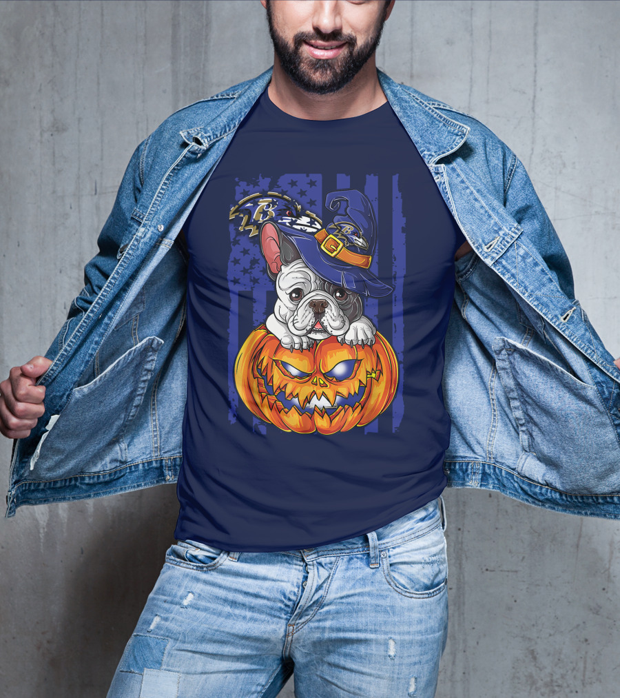 Bulldog In Wizard Hat On Jack-o'-Lantern With Baltimore Ravens T-Shirt