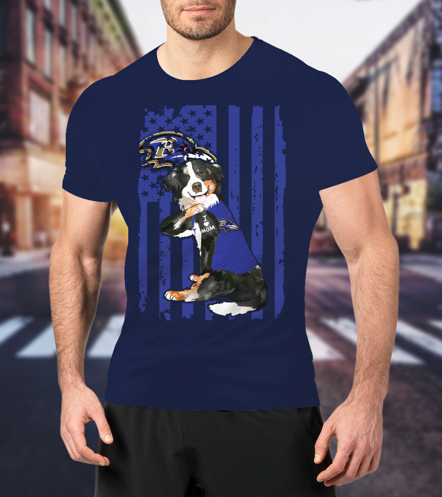 Border Collie Wearing Baltimore Ravens Gear With I Love Mom Tattoo T-Shirt