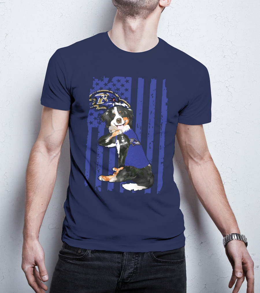 Border Collie Wearing Baltimore Ravens Gear With I Love Mom Tattoo T-Shirt