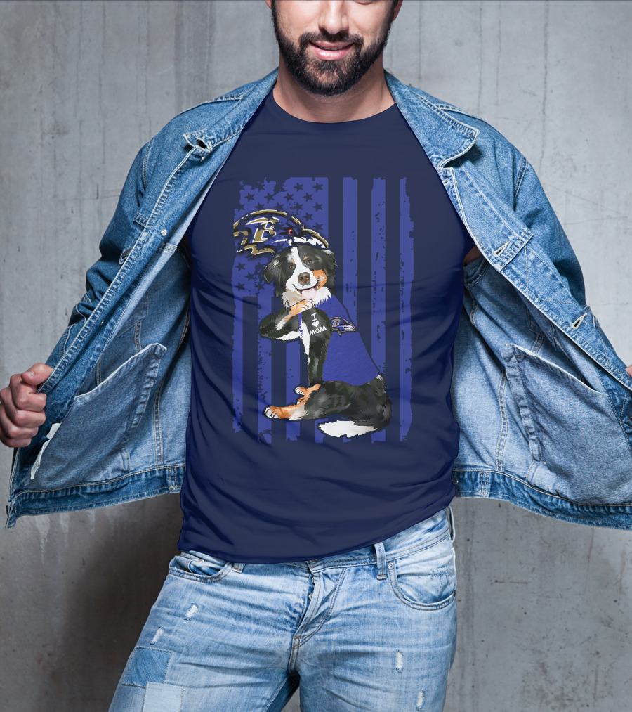 Border Collie Wearing Baltimore Ravens Gear With I Love Mom Tattoo T-Shirt