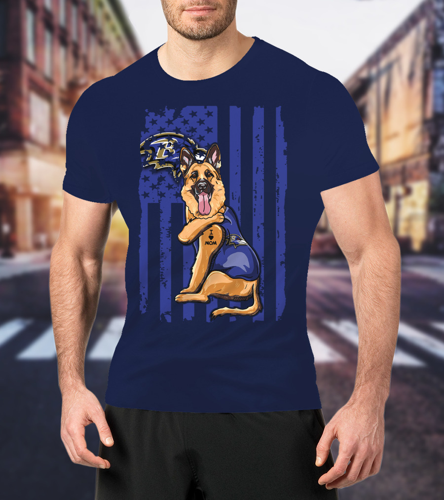 German Shepherd Illustrated With Baltimore Ravens NFL Symbol And I Love Mom Tattoo T-Shirt