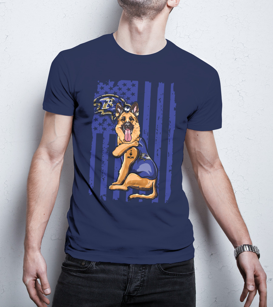 German Shepherd Illustrated With Baltimore Ravens NFL Symbol And I Love Mom Tattoo T-Shirt