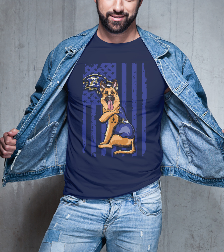 German Shepherd Illustrated With Baltimore Ravens NFL Symbol And I Love Mom Tattoo T-Shirt