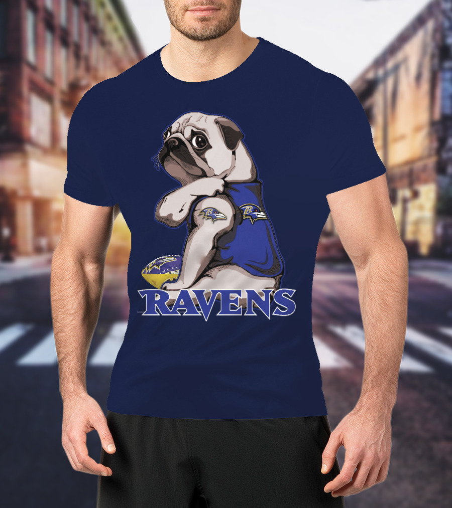 Pug Wearing Baltimore Ravens Football Jersey With Ravens Logo And Football T-Shirt