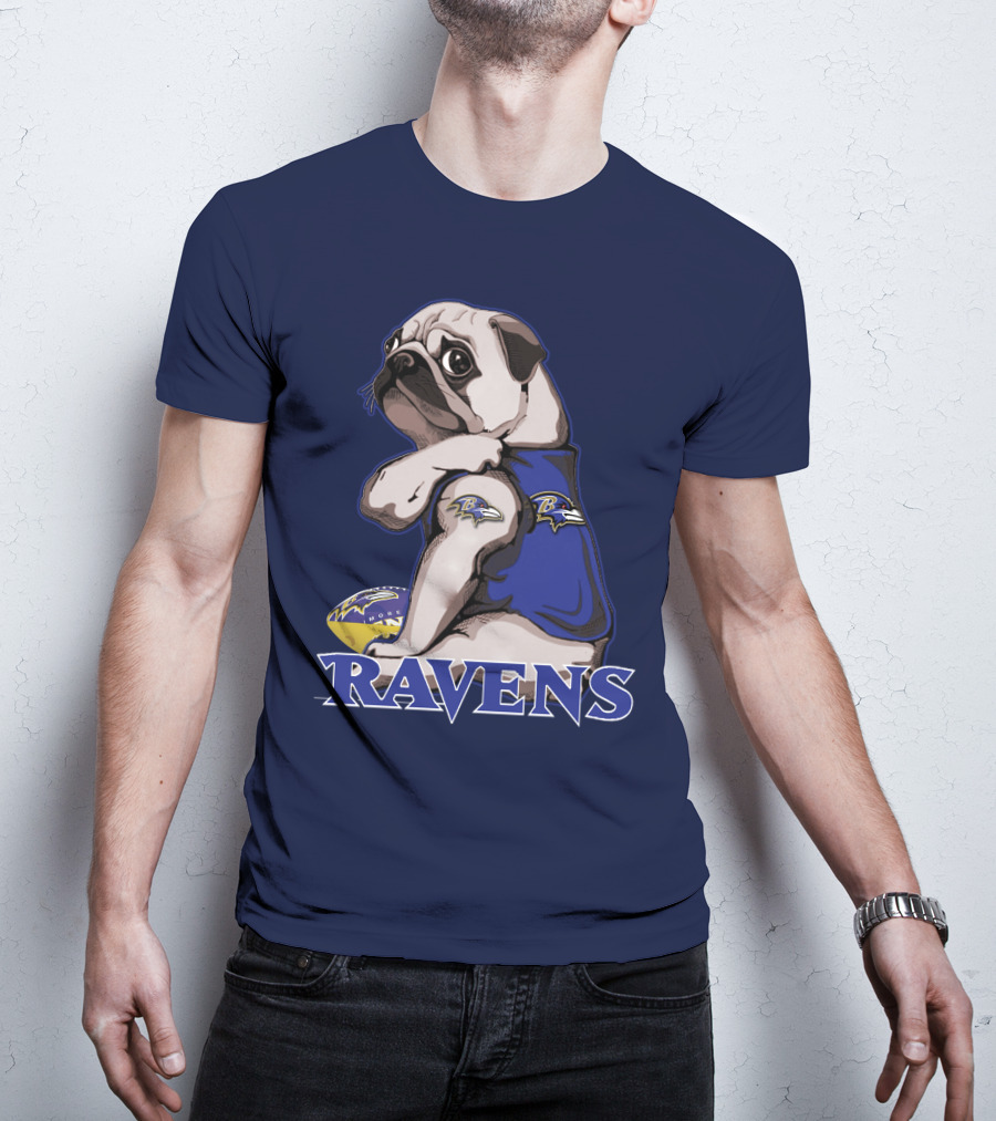 Pug Wearing Baltimore Ravens Football Jersey With Ravens Logo And Football T-Shirt