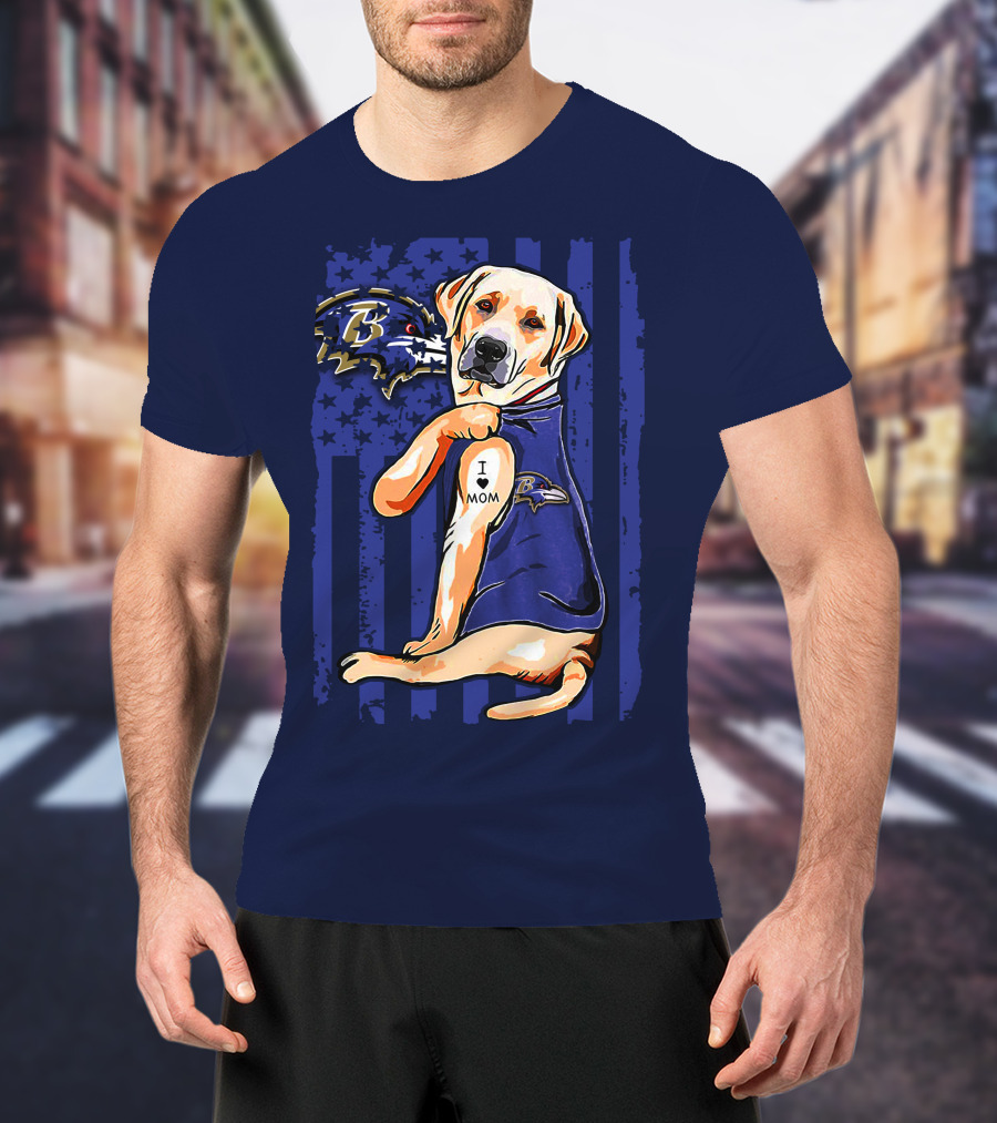 Labrador Retriever I Love Mom Baltimore Ravens Fan Dog With Tattoo And Team T-Shirt