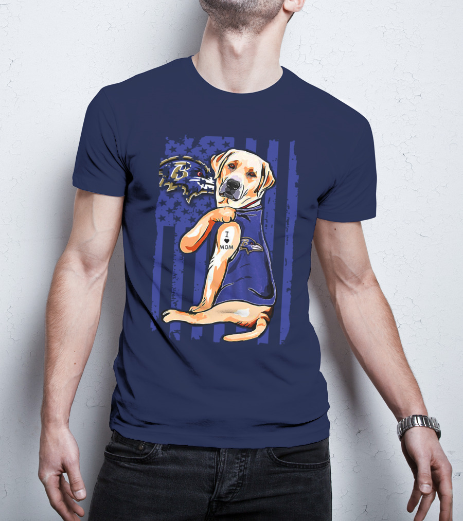 Labrador Retriever I Love Mom Baltimore Ravens Fan Dog With Tattoo And Team T-Shirt