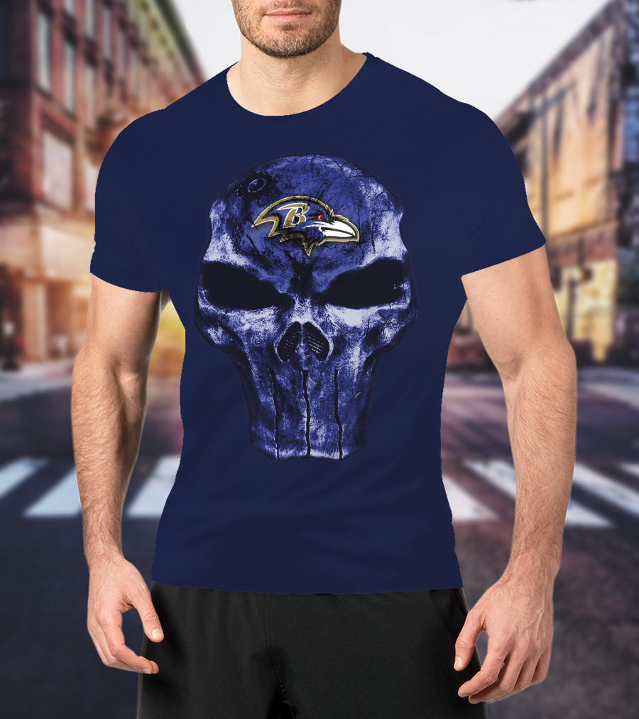 Skull Baltimore Ravens Logo Blue Skull T-Shirt