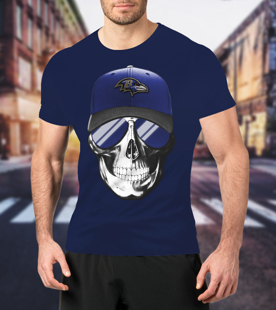 Skull With Baltimore Ravens Cap And Sunglasses T-Shirt