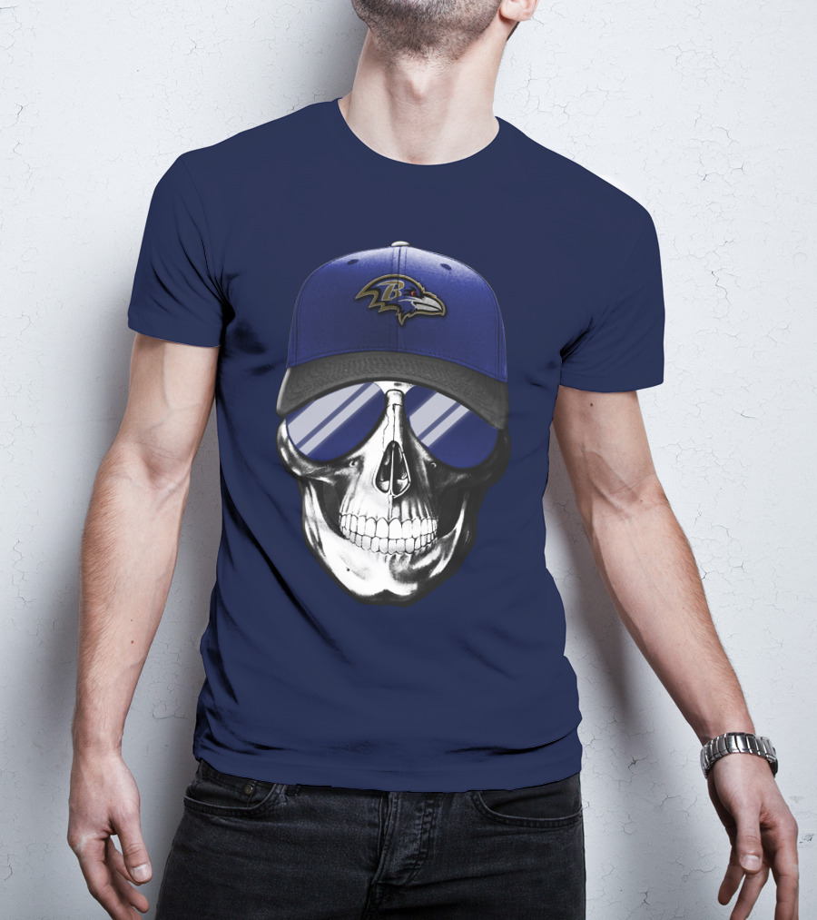 Skull With Baltimore Ravens Cap And Sunglasses T-Shirt