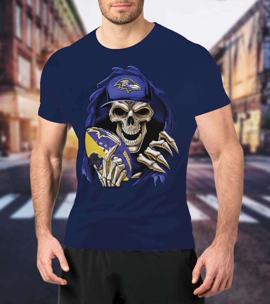 Skullbong Baltimore Ravens Skeleton With Football And Cap T-Shirt