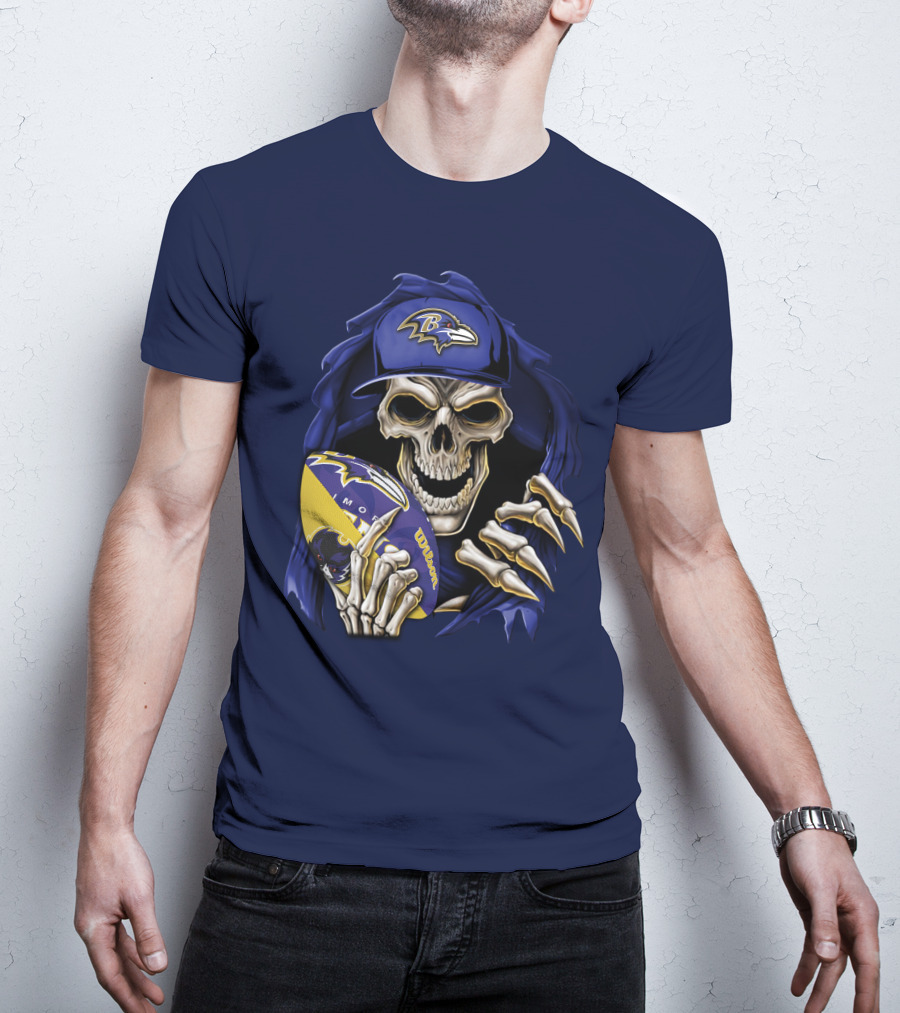 Skullbong Baltimore Ravens Skeleton With Football And Cap T-Shirt
