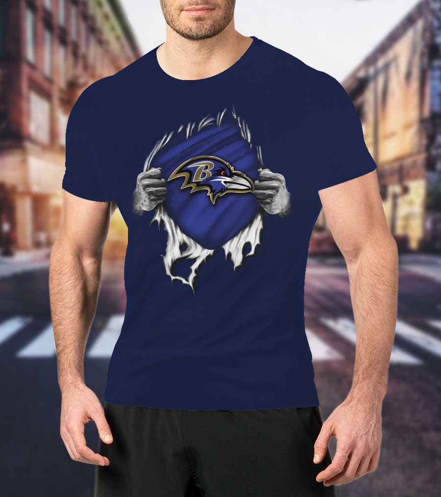 Torn V1 Baltimore Ravens Logo Burst With Hands T-Shirt