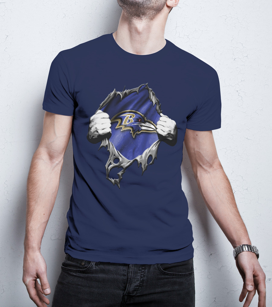 Torn V2 Baltimore Ravens Logo With Ripping Hands On Blue T-Shirt