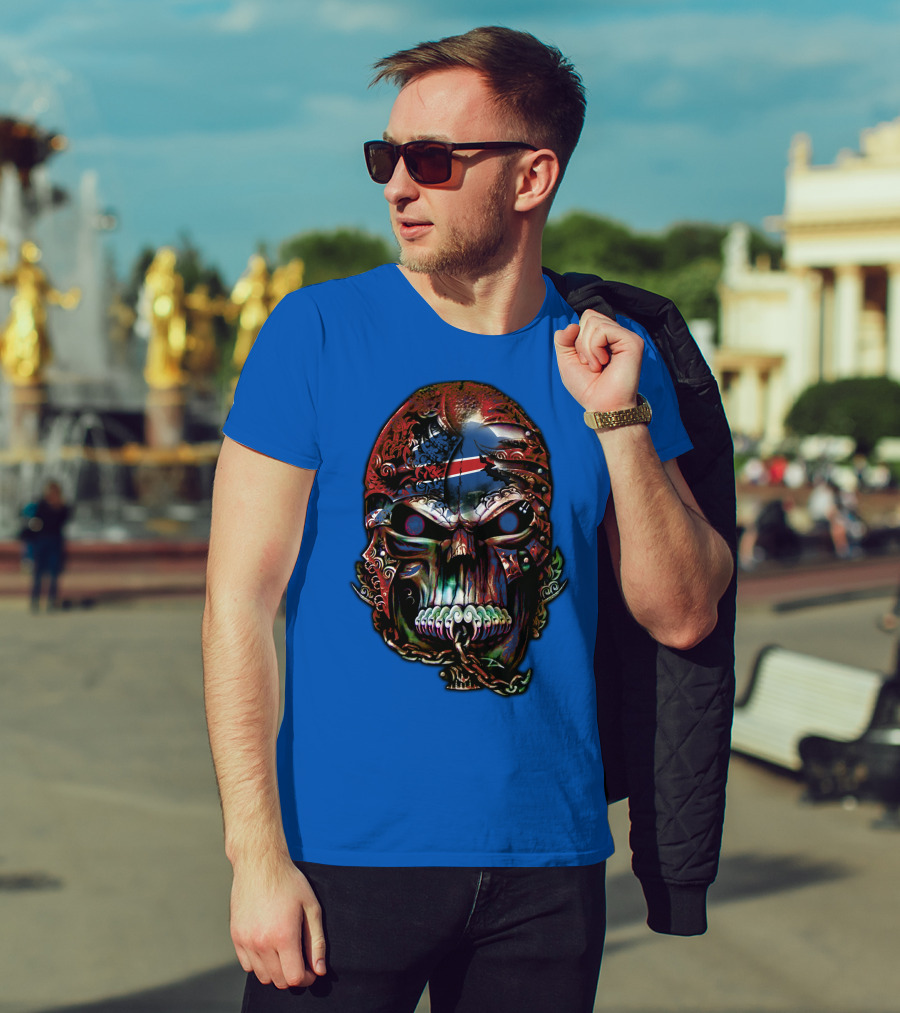 Buffalo Bills 53 Skull Art With American Flag And Tribal Elements T-Shirt
