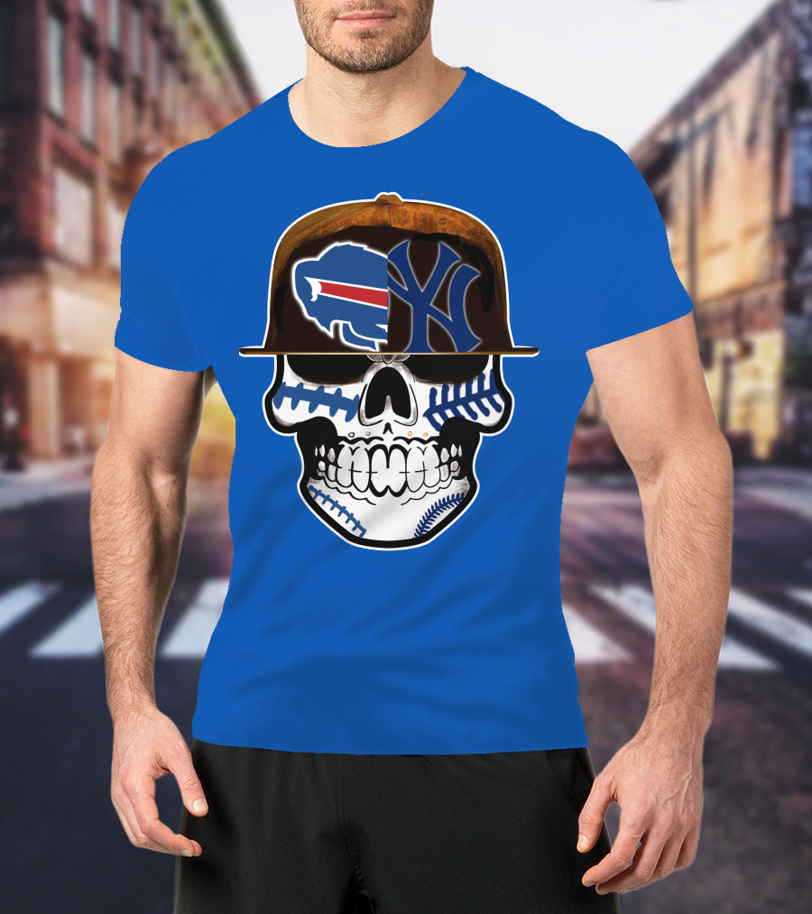 Buffalo Bills 75 Skull Design With Split Logo Yankees Cap T-Shirt