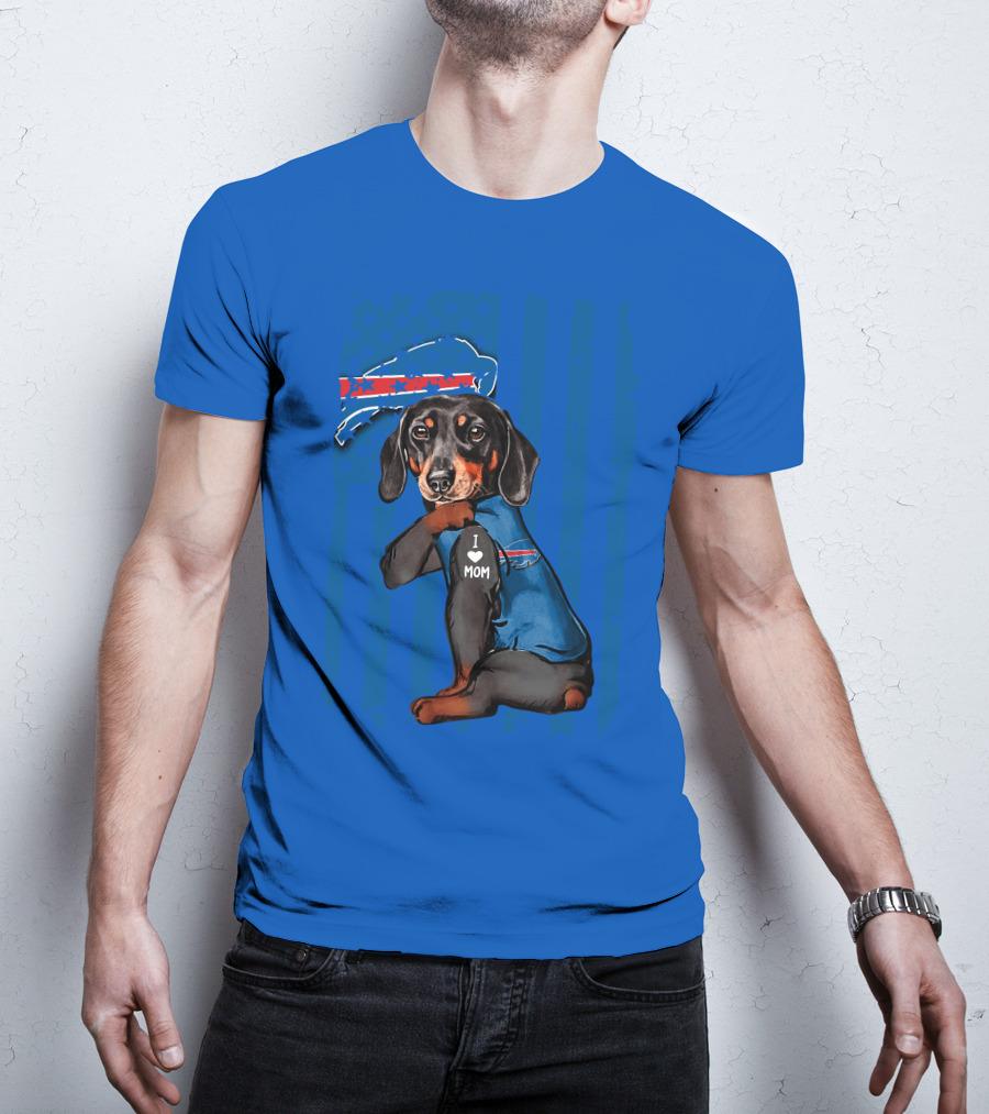 Dachshund Wearing Buffalo Bills Gear I Love Mom T-Shirt