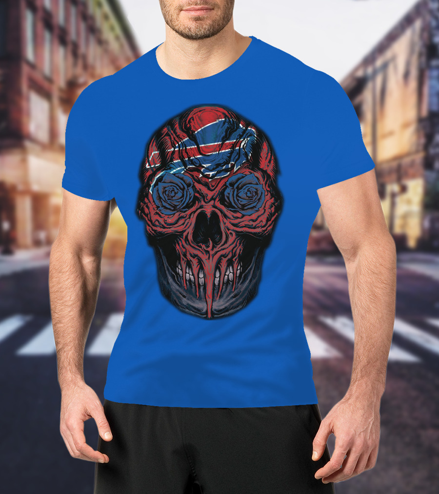 Buffalo Bills 34 Skull With Blue And Red Rose Eyes On Blue T-Shirt