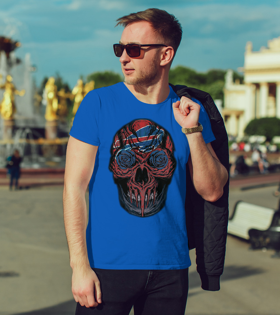 Buffalo Bills 34 Skull With Blue And Red Rose Eyes On Blue T-Shirt