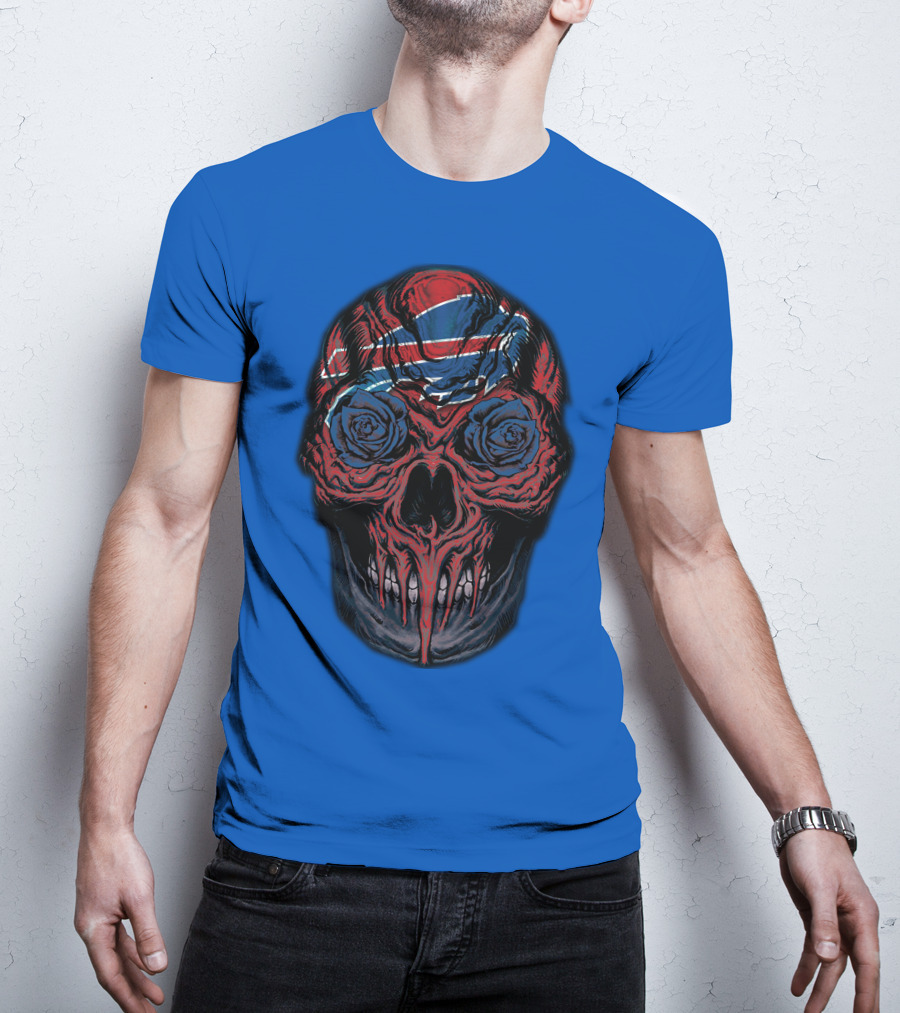 Buffalo Bills 34 Skull With Blue And Red Rose Eyes On Blue T-Shirt