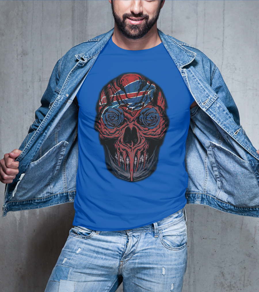 Buffalo Bills 34 Skull With Blue And Red Rose Eyes On Blue T-Shirt