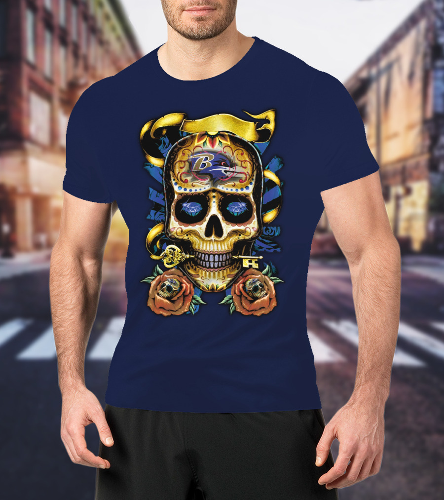 Baltimore Ravens Sugar Skull Art With Roses And Ribbon T-Shirt