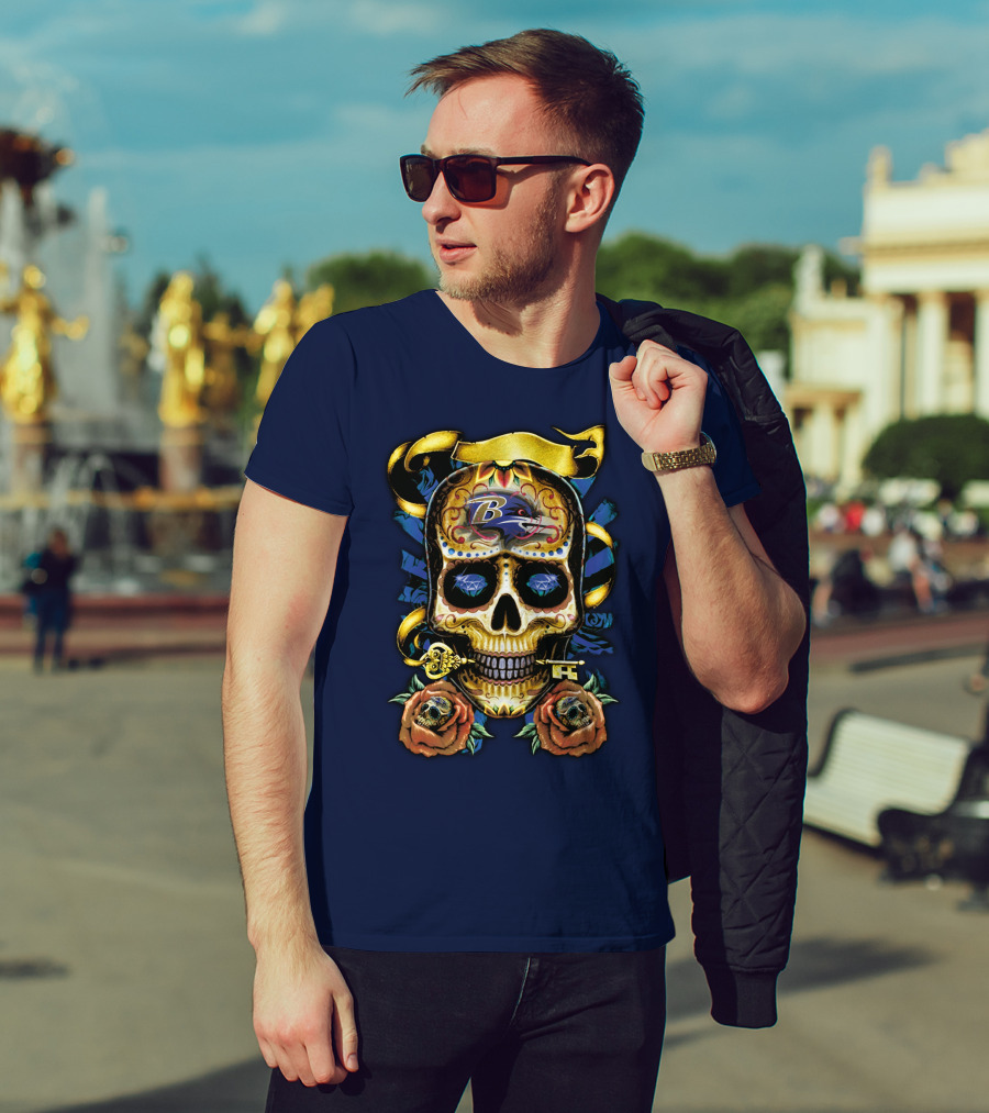 Baltimore Ravens Sugar Skull Art With Roses And Ribbon T-Shirt