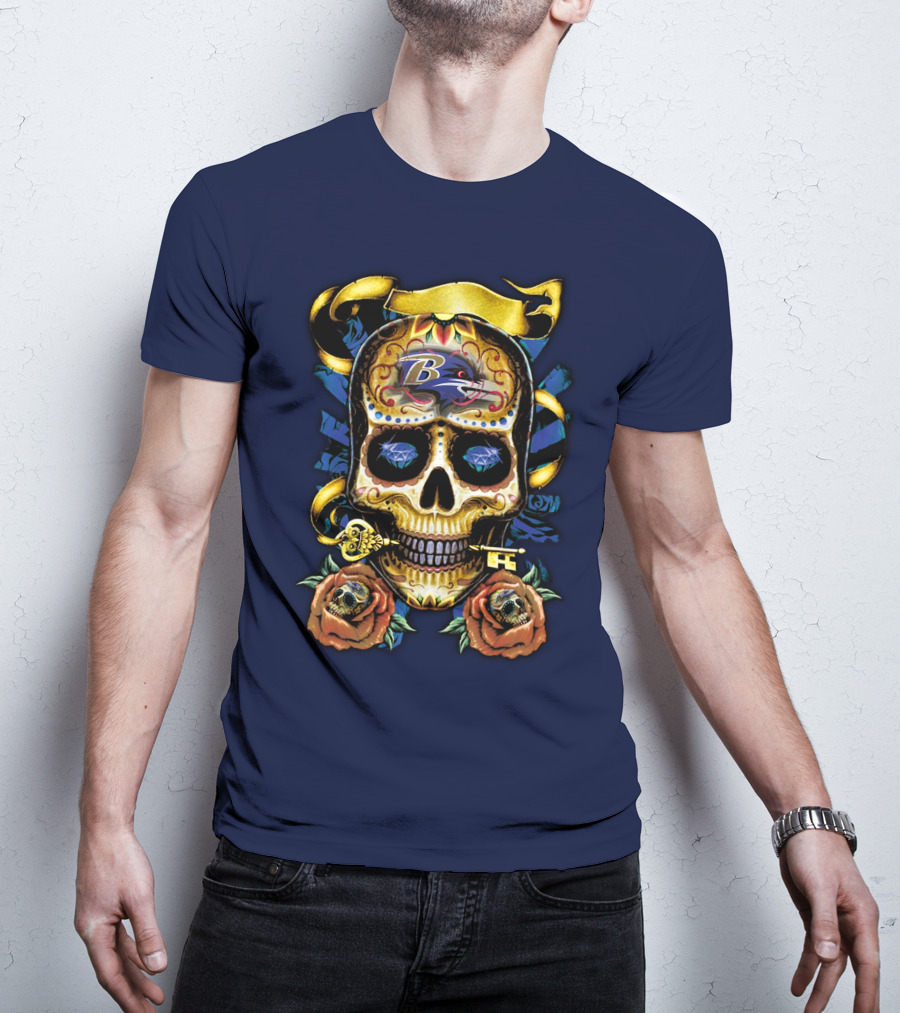 Baltimore Ravens Sugar Skull Art With Roses And Ribbon T-Shirt