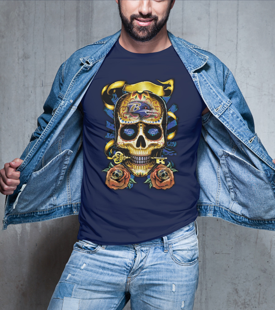Baltimore Ravens Sugar Skull Art With Roses And Ribbon T-Shirt