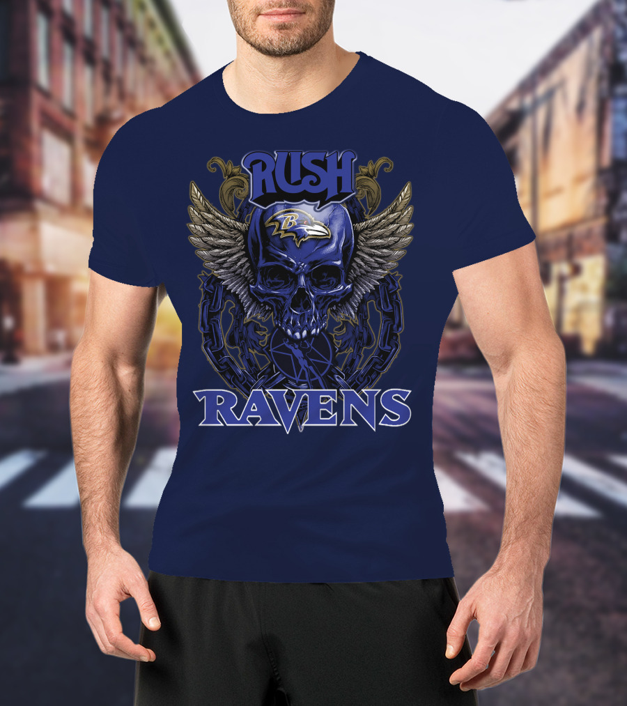 Rush Ravens Baltimore Football Skull Wings T-Shirt