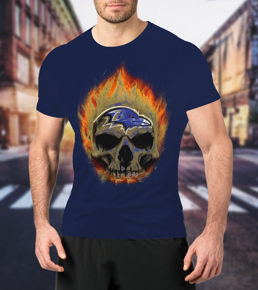 Baltimore Ravens Skull Flaming Logo Fire T-Shirt