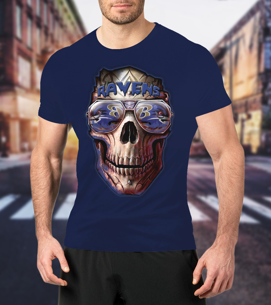 Baltimore Ravens Skull With Sunglasses Featuring Team T-Shirt